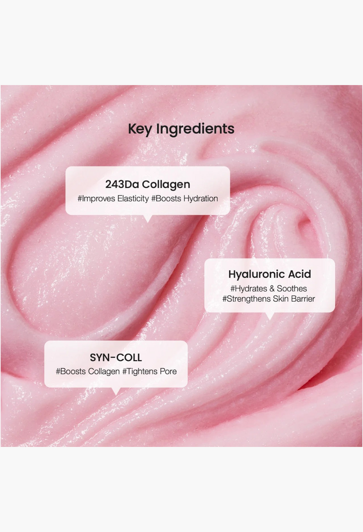 GLAM MODA collagen mask to foam cleanser texture with key ingredients 243Da collagen, hyaluronic acid, and SYN-COLL