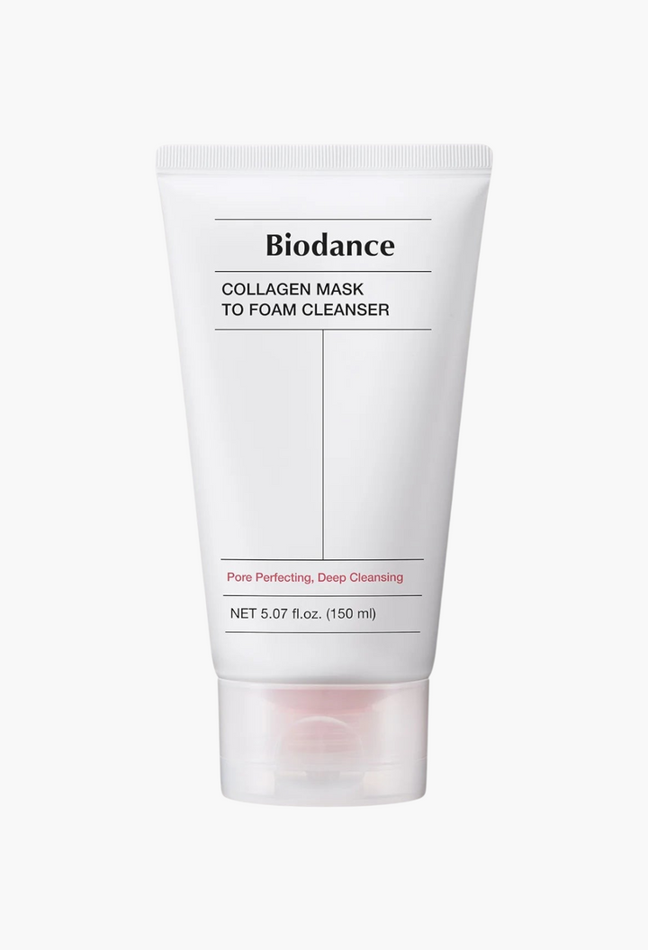 GLAM MODA Biodance Collagen Mask to Foam Cleanser in a white squeeze tube for pore perfecting and deep cleansing.