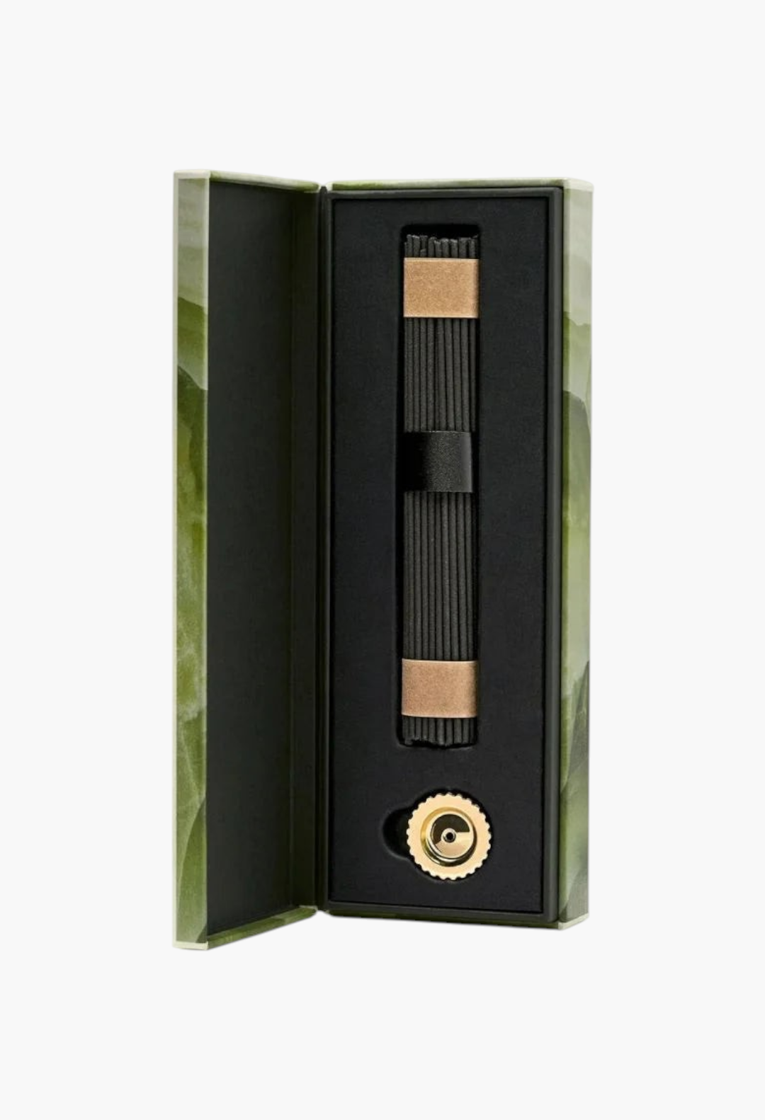 GLAM MODA Desertland artisanal Japanese incense sticks in a green patterned box with a gold metal holder