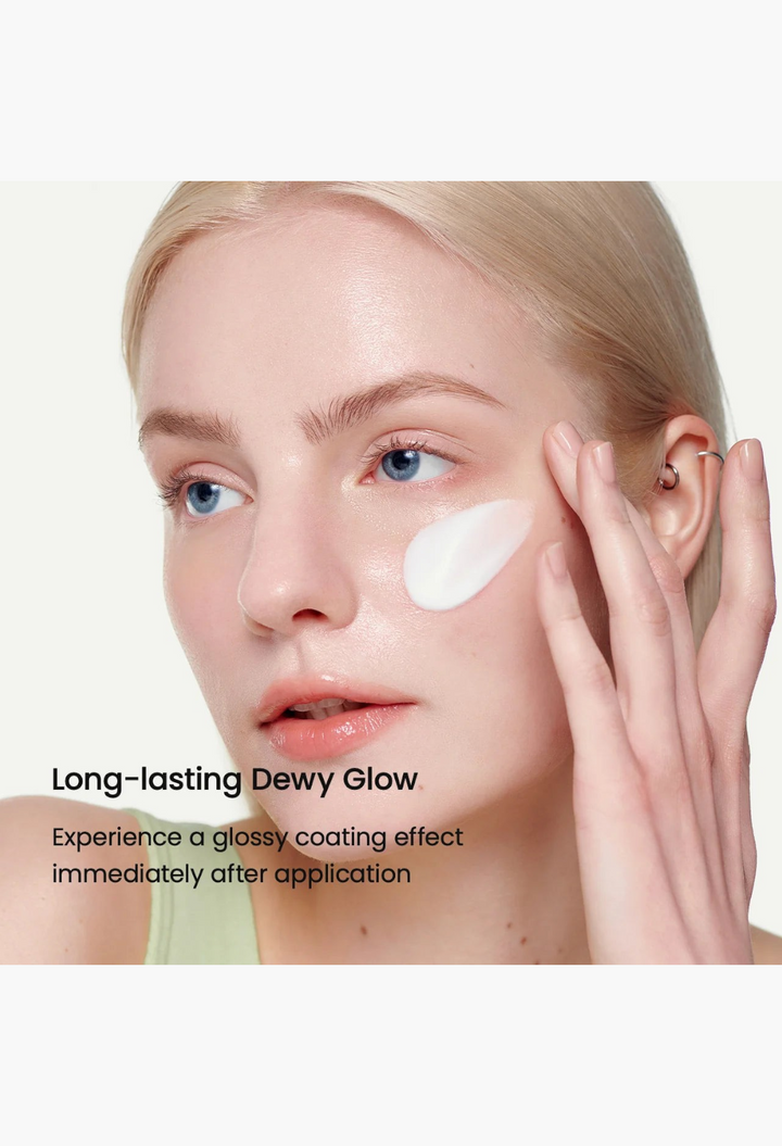 GLAM MODA Skin Glow Essence Cream applied to a model's cheek for a dewy, hydrated, and radiant glass skin finish.