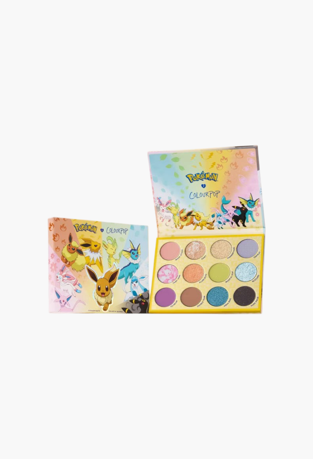 GLAM MODA ColourPop Pokemon Eeveelution eyeshadow palette featuring 12 vibrant shades and Eevee character artwork.