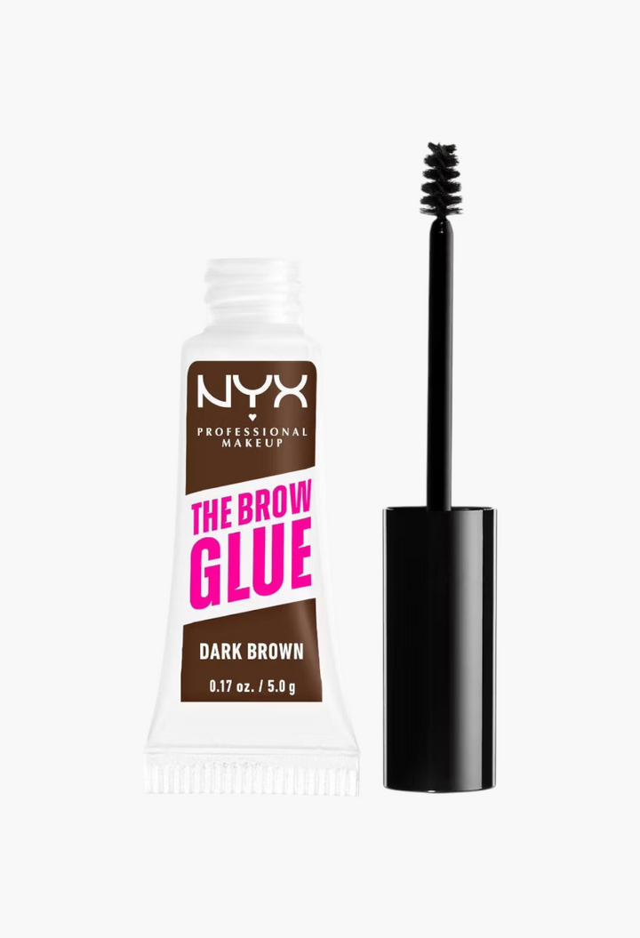 GLAM MODA NYX Professional Makeup Brow Glue in Dark Brown with spoolie applicator for extreme hold eyebrow styling