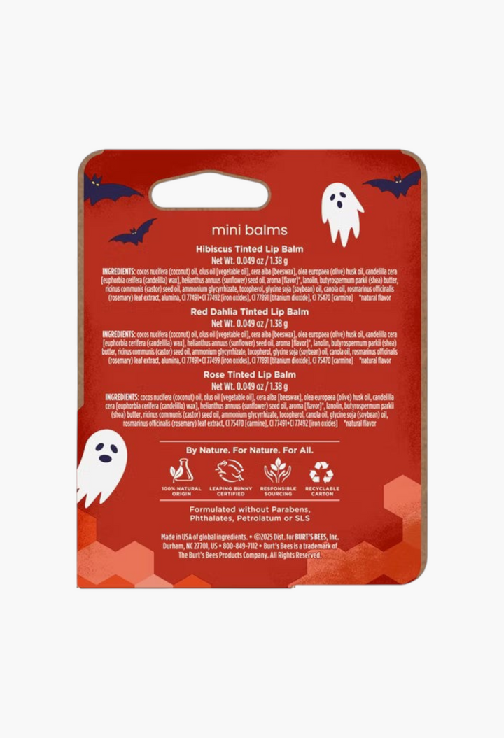 GLAM MODA Burt's Bees A Lil Batty Halloween mini tinted lip balm set packaging back view with ingredient list