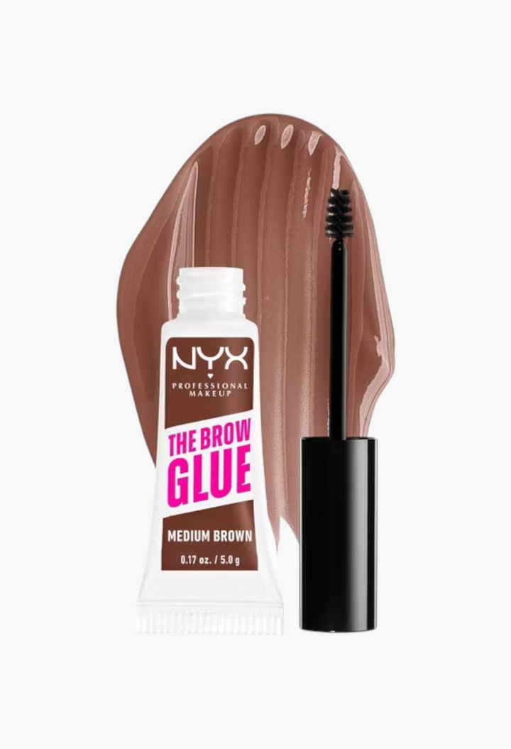 GLAM MODA NYX Professional Makeup Brow Glue in Medium Brown with a spoolie applicator and a swatch of tinted gel.
