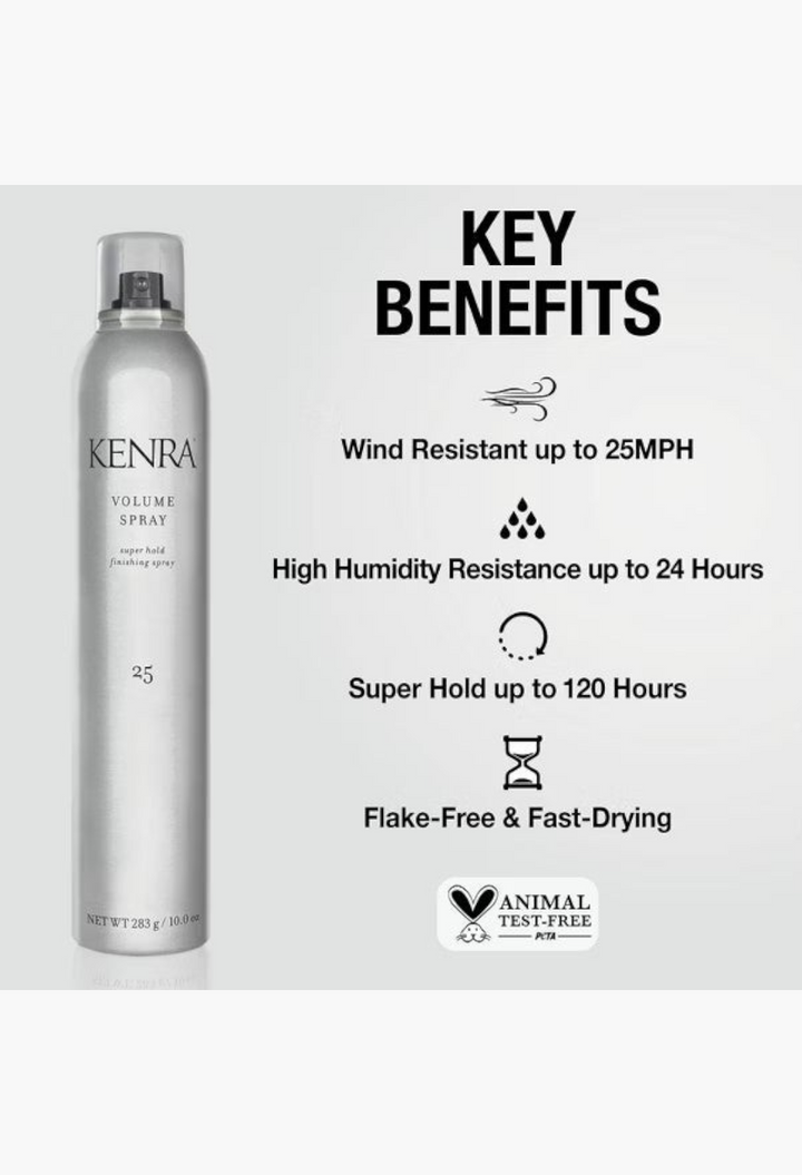 GLAM MODA Kenra Volume Spray 25 super hold finishing hair spray in a silver 10oz aerosol can with benefit icons