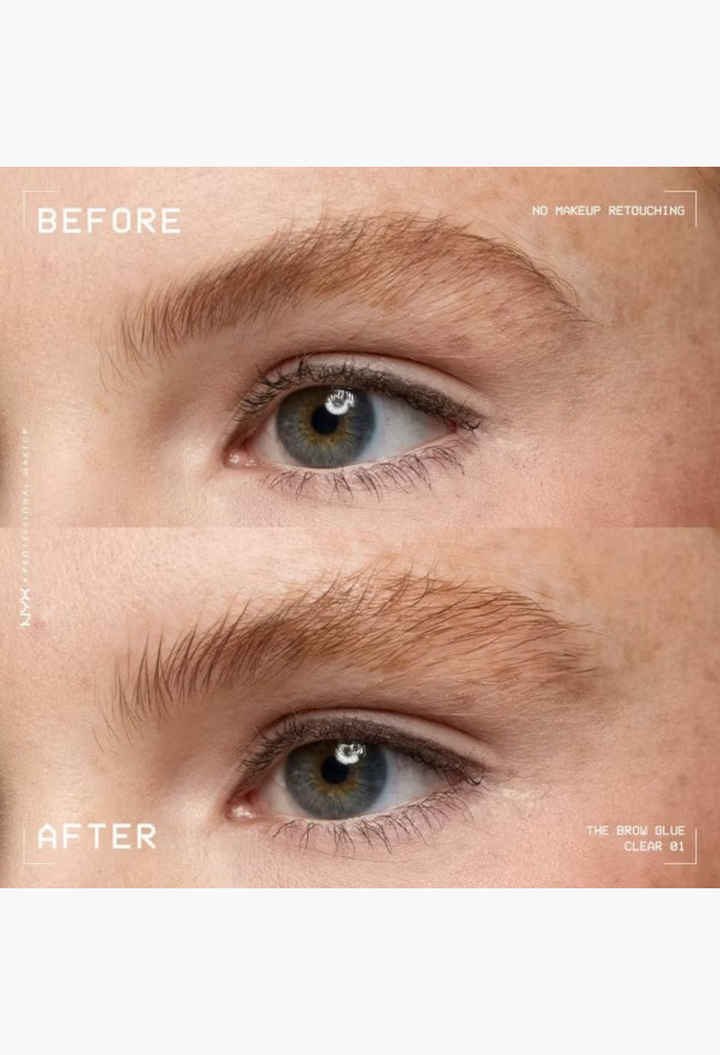 GLAM MODA NYX Professional Makeup Brow Glue before and after comparison showing natural lifted eyebrow styling