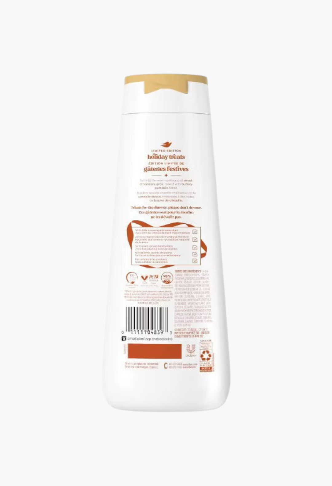 GLAM MODA Dove Cinnamon Pumpkin Pie body wash bottle back view showing ingredients and holiday treat label details