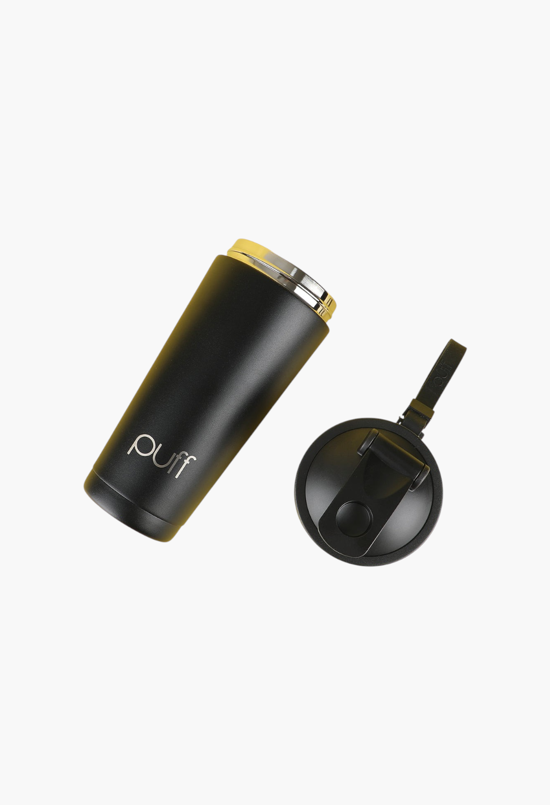 GLAM MODA matte black stainless steel Puff Shaker bottle with vacuum-seal cap on a yellow background