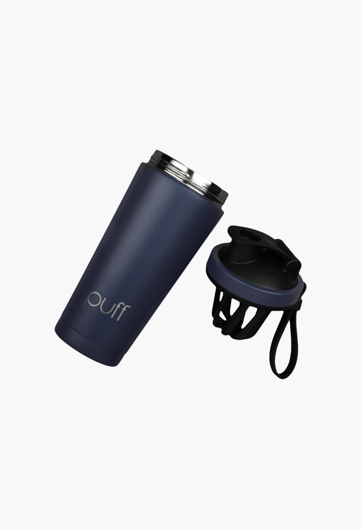 GLAM MODA matte navy blue stainless steel insulated shaker bottle with black lid and internal mixing whisk