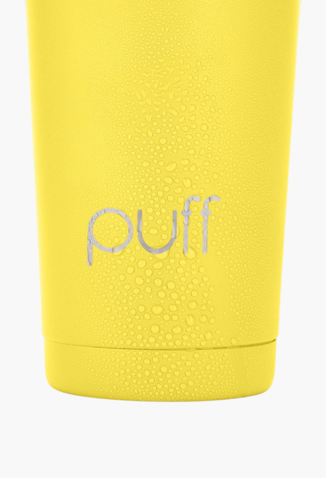 GLAM MODA yellow stainless steel Puff Shaker with condensation droplets on a light purple background
