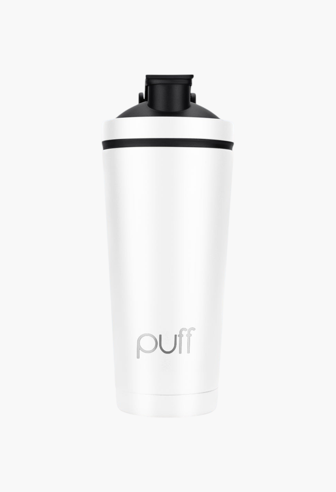 GLAM MODA Matte Shaker in white stainless steel with a black vacuum-seal lid for cold drinks
