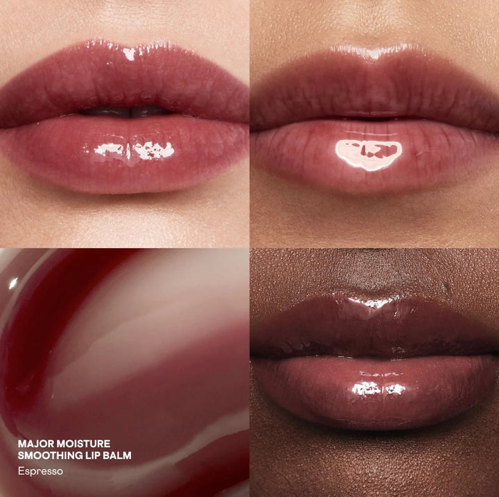 GLAM MODA PATRICK TA Major Moisture smoothing tinted lip balm in Espresso shade showing glossy finish on various skin tones