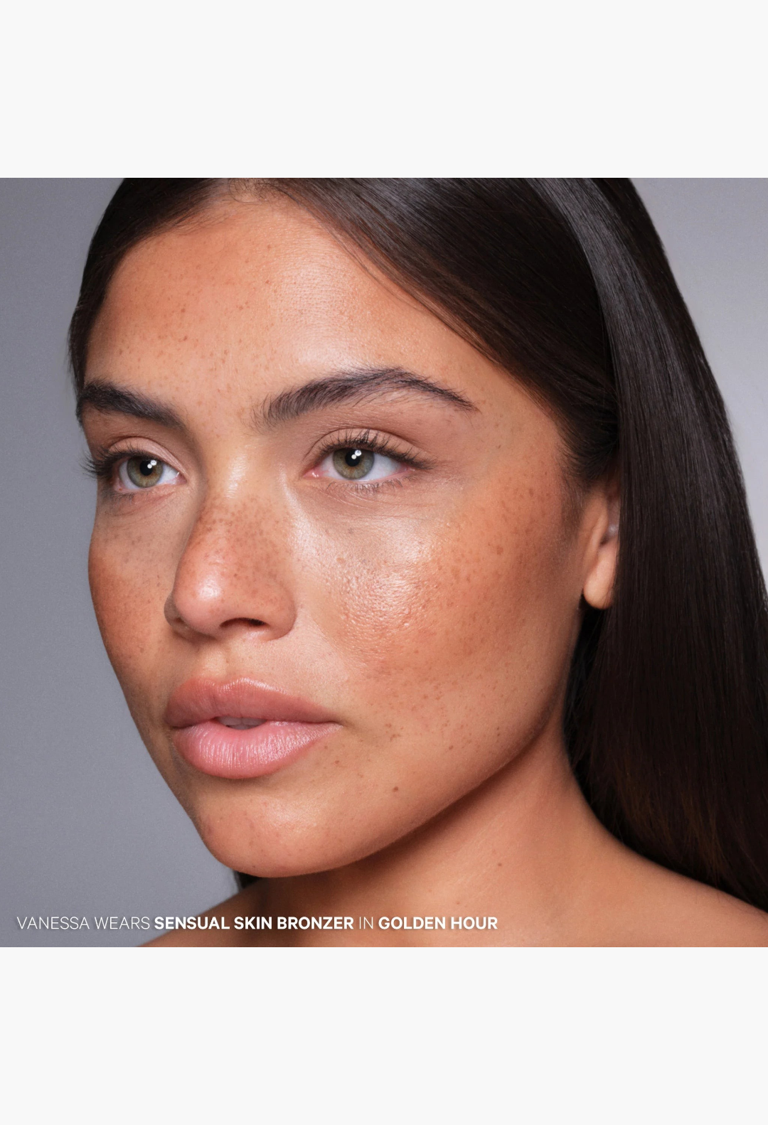 GLAM MODA model wearing The Sensual Skin Bronzer in Golden Hour shade for a natural sun-kissed, luminous glow