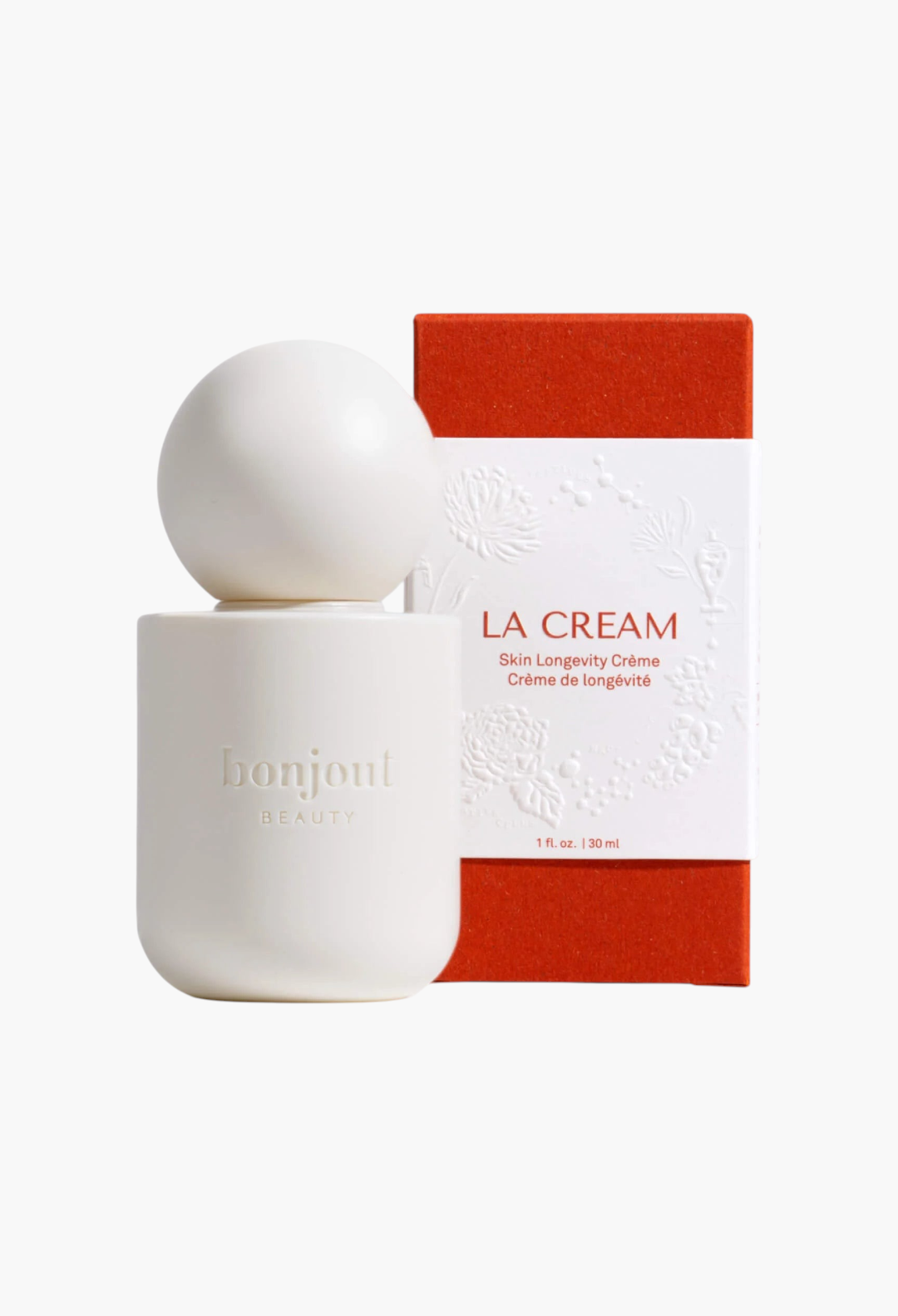 GLAM MODA La Cream Skin Longevity Crème in a white bottle with a round cap next to its orange box, featuring award icons.