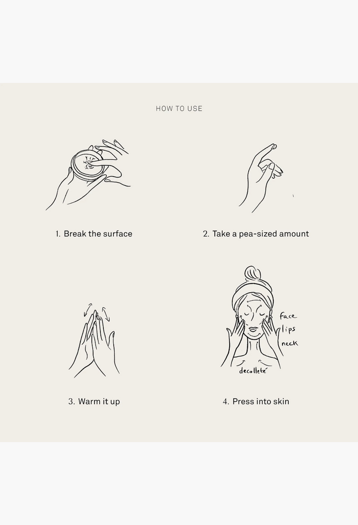 GLAM MODA Le Balm solid serum application guide showing four steps to break, scoop, warm, and press into skin.