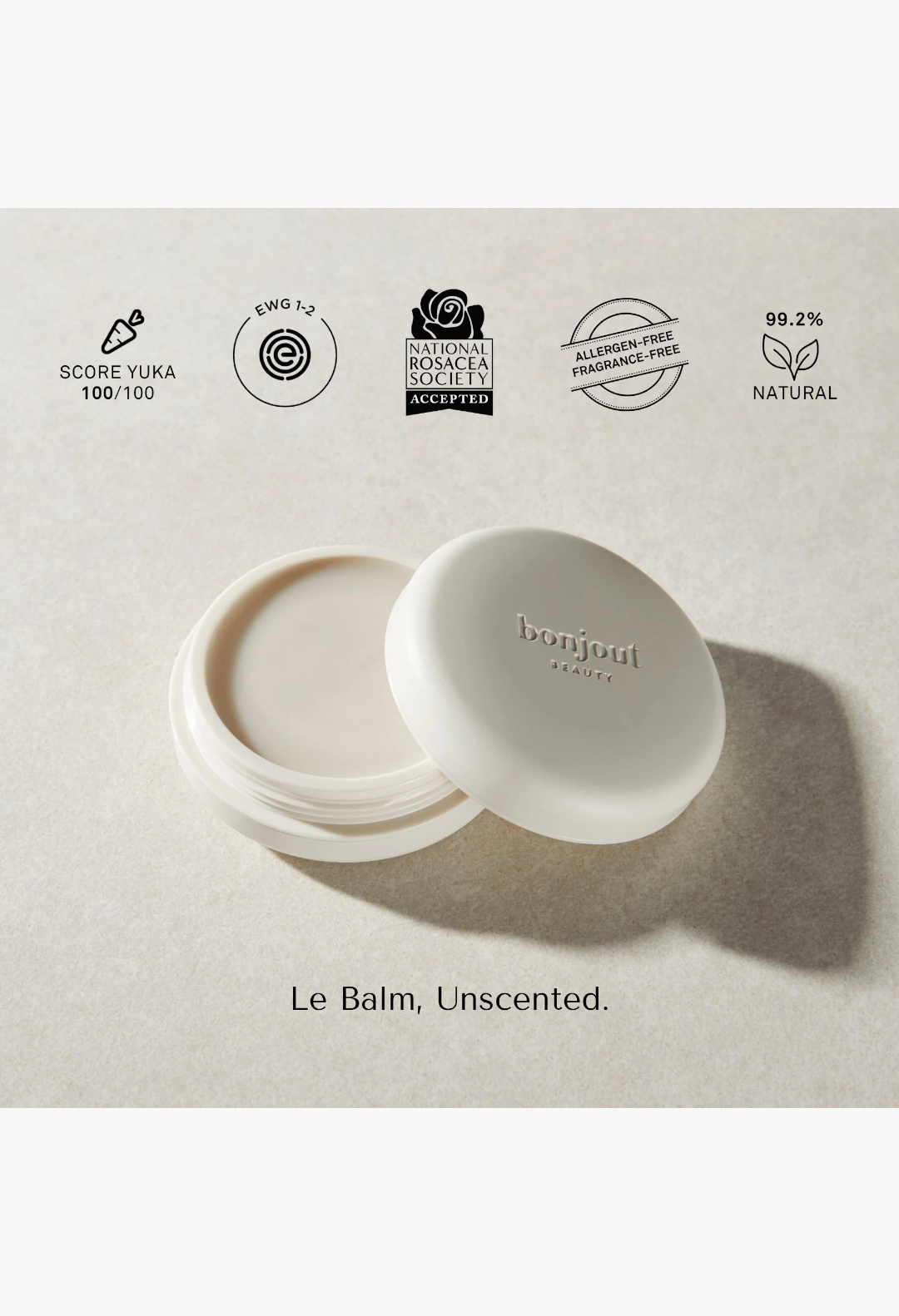 GLAM MODA Le Balm unscented solid serum in a white jar with certification icons for sensitive skin care