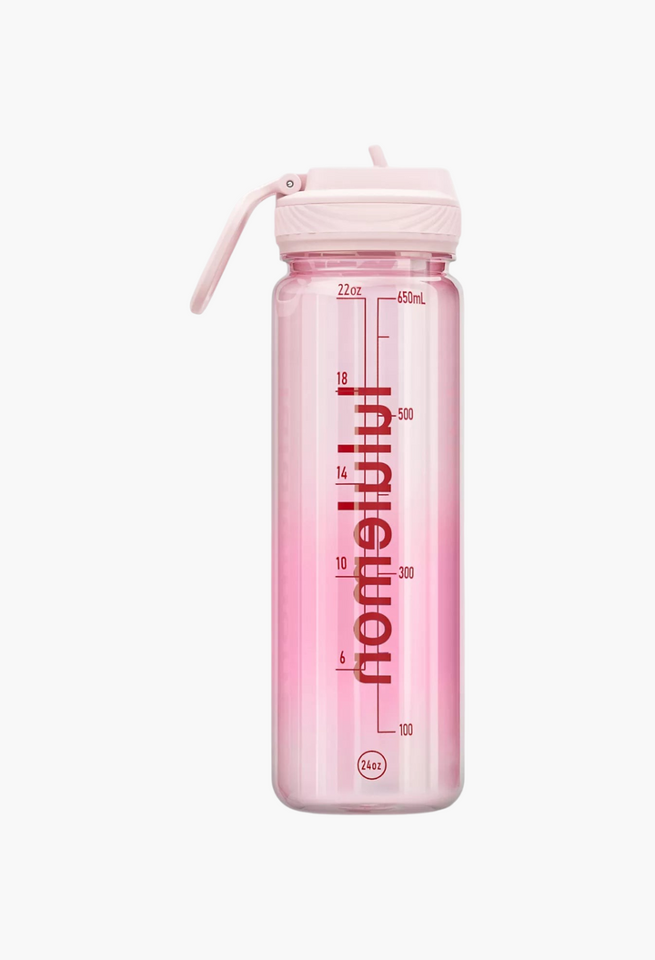 GLAM MODA 24oz clear pink water bottle with a leakproof straw lid and volume measurement markings.