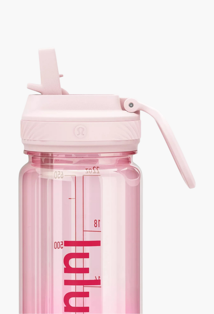 GLAM MODA Back to Life clear pink 24oz water bottle with a leakproof straw lid and convenient carry handle.
