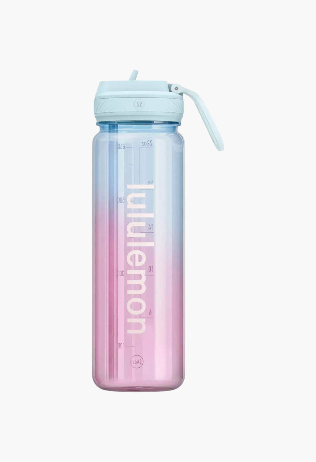 GLAM MODA 24oz clear Tritan water bottle with a pink and blue gradient, straw lid, and measurement markings.