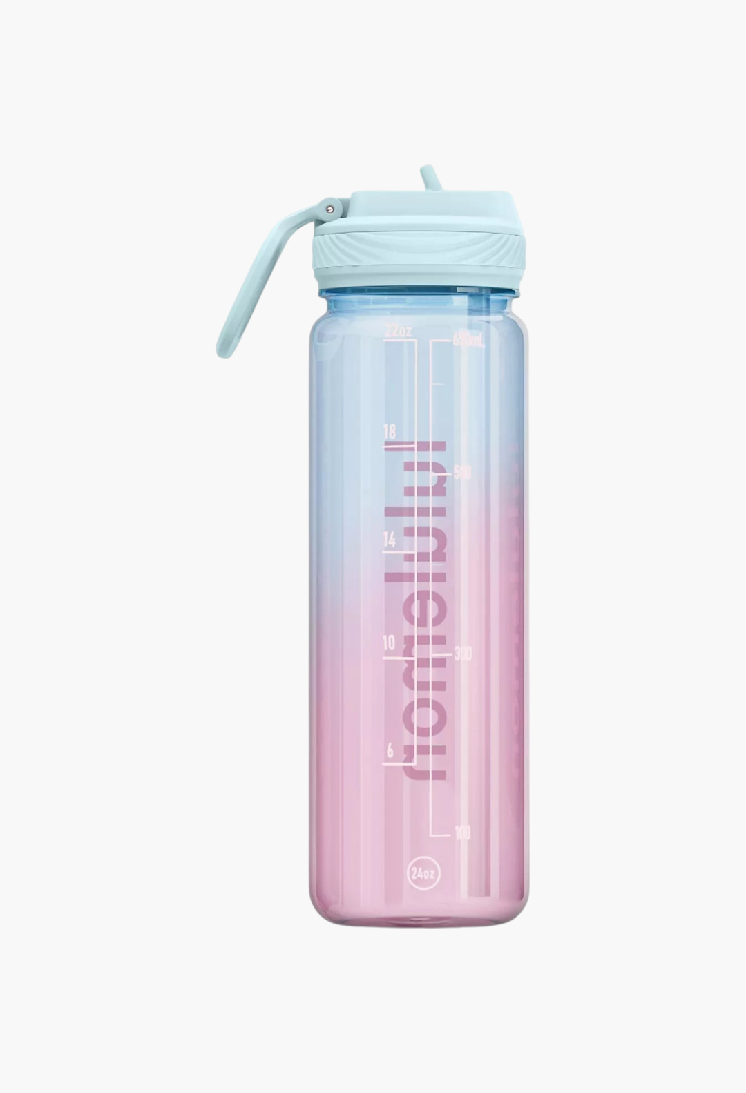 GLAM MODA 24oz clear Tritan water bottle with a light blue straw lid and a pink-to-blue gradient body.