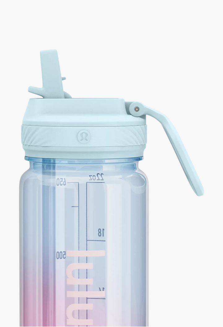 GLAM MODA 24oz clear Tritan water bottle with a light blue leakproof straw lid and convenient folding straw.