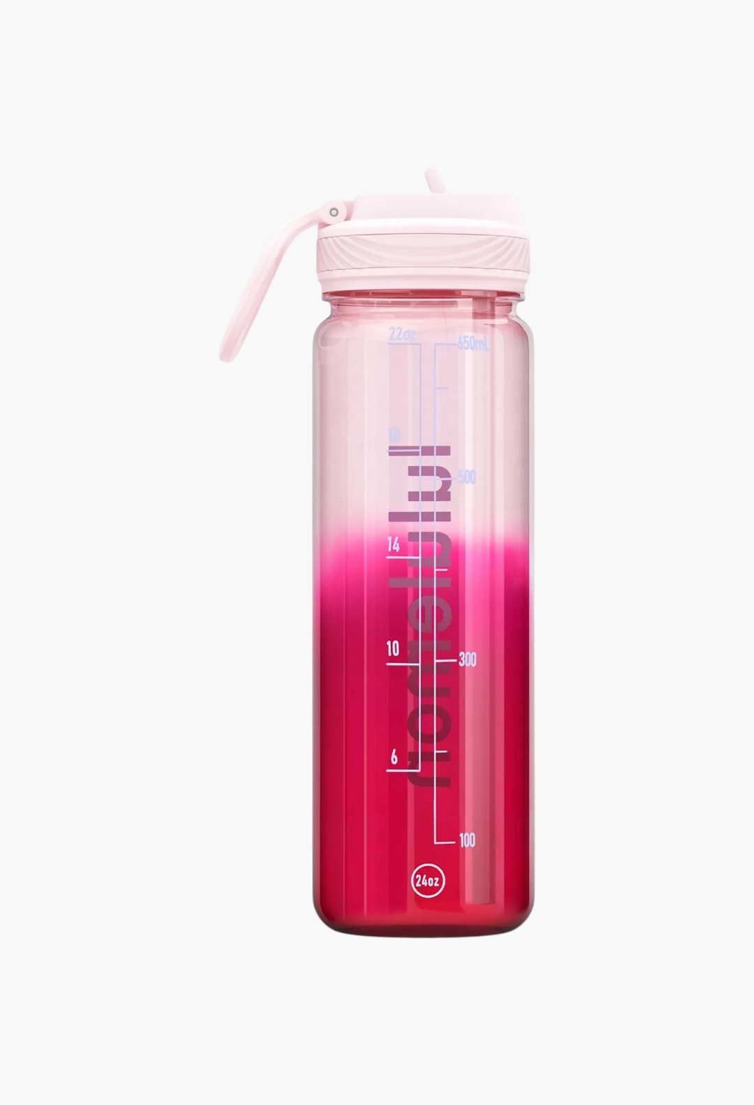 GLAM MODA 24oz clear water bottle with a pink ombre design, folding straw lid, and measurement markings.
