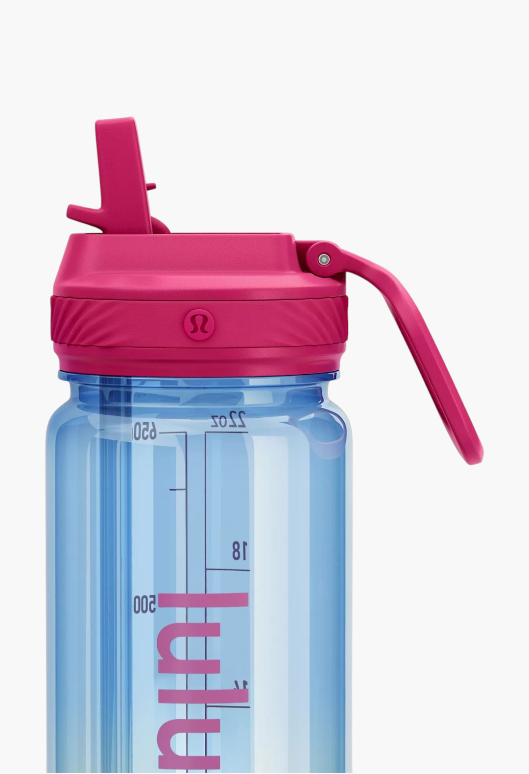 GLAM MODA 24oz clear blue water bottle with a bright pink leakproof straw lid and convenient carry handle.