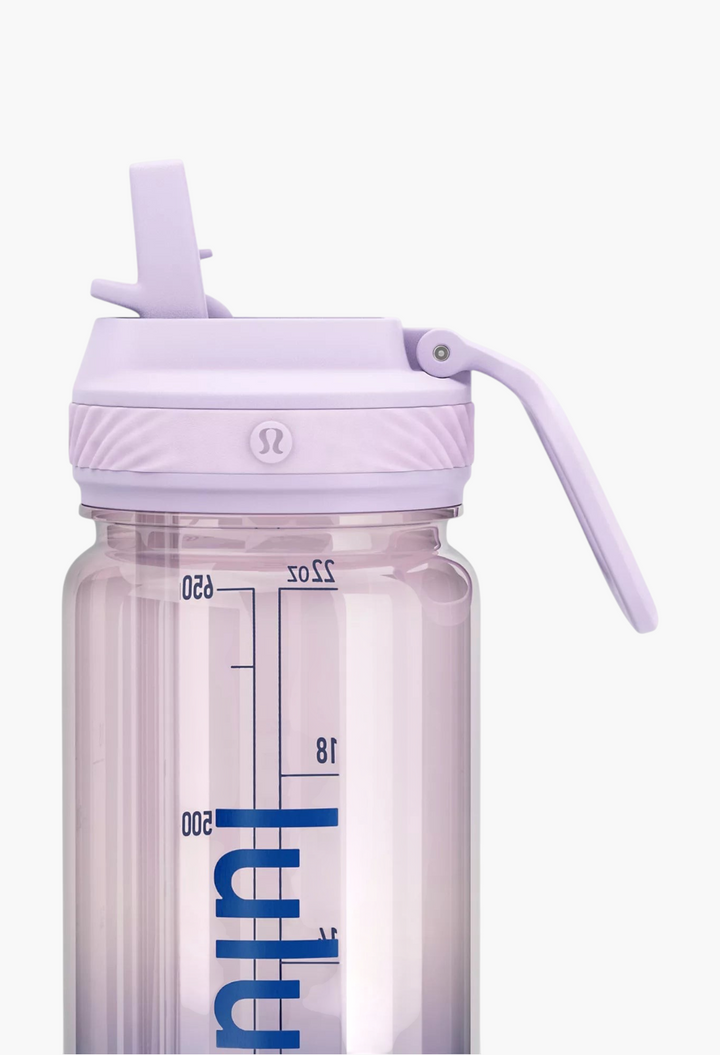 GLAM MODA Back to Life clear 24oz water bottle in light purple with a leakproof straw lid and volume markings.