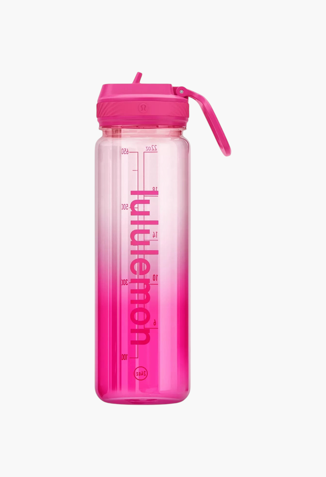 GLAM MODA pink gradient 24oz water bottle with a leakproof straw lid and measurement markings on the side.