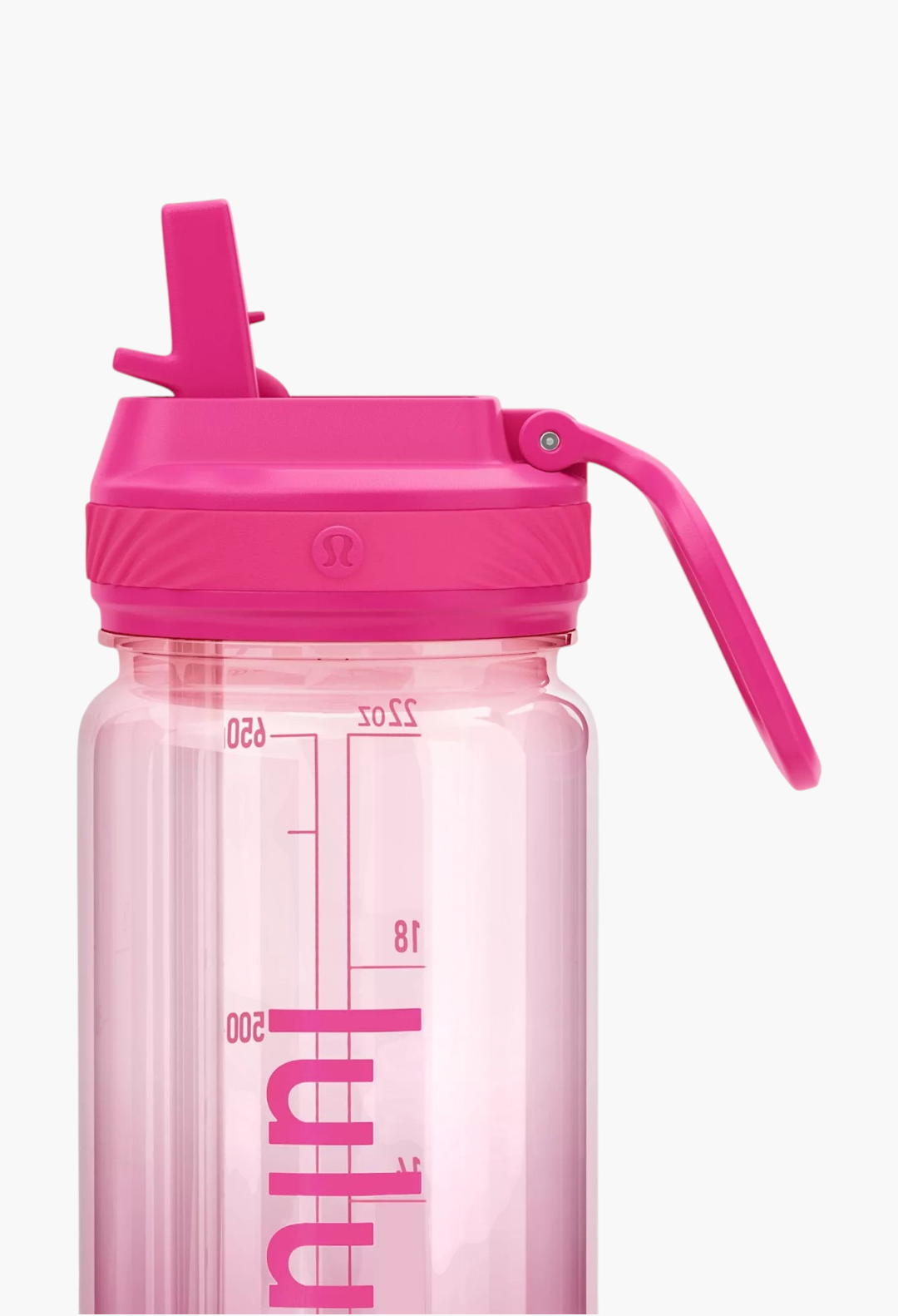 GLAM MODA pink 24oz Tritan water bottle with a leakproof folding straw lid and volume measurement markings.