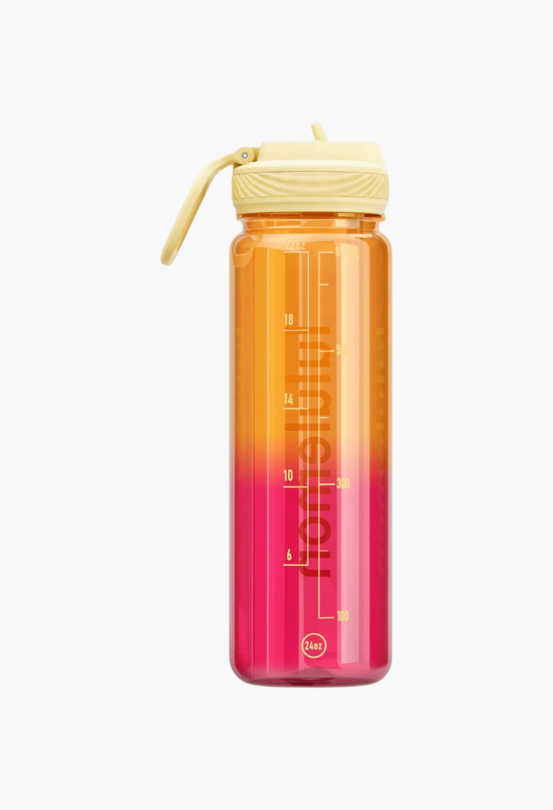 GLAM MODA 24oz clear Tritan water bottle with a yellow straw lid and an orange-to-pink gradient finish with volume markers.