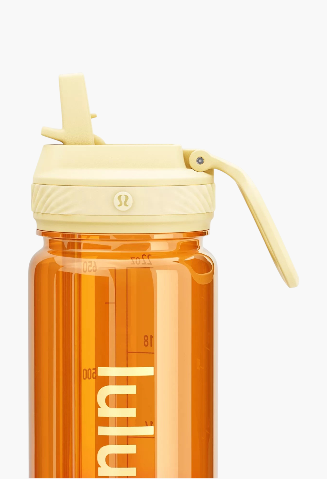 GLAM MODA Back to Life clear orange water bottle with a pale yellow straw lid and convenient carry handle.