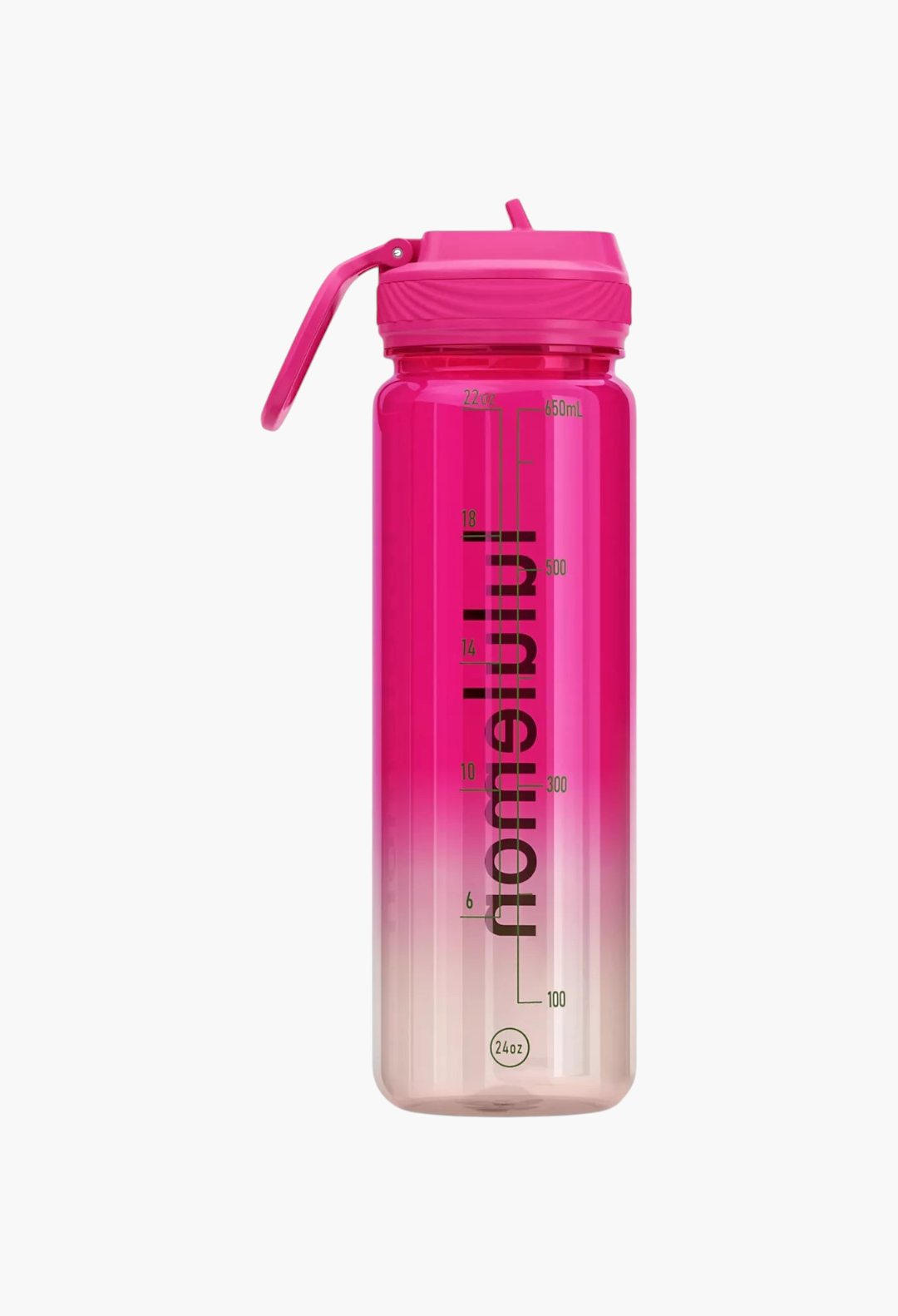 GLAM MODA 24oz clear pink ombre water bottle with a leakproof straw lid and volume markings for hydration tracking.