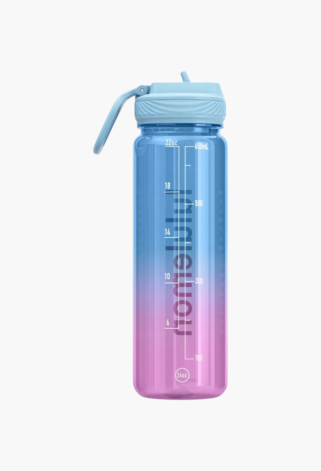 GLAM MODA 24oz clear Tritan water bottle with a blue-to-pink gradient, straw lid, and hydration measurement markings.