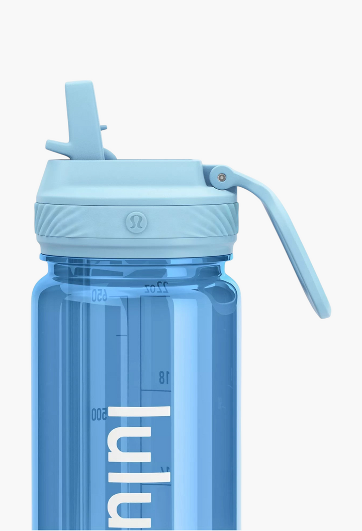 GLAM MODA Back to Life clear blue 24oz water bottle with a leakproof straw lid and convenient carry handle.