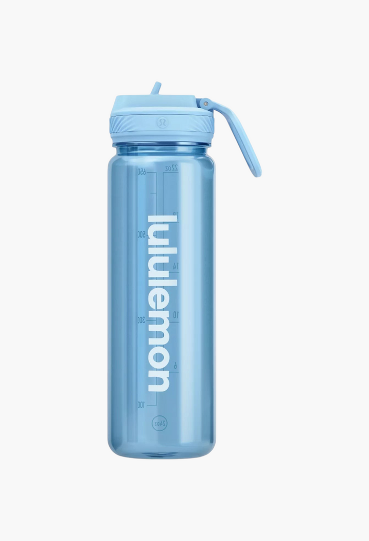 GLAM MODA Back to Life clear blue 24oz water bottle with a leakproof straw lid and convenient carry handle.