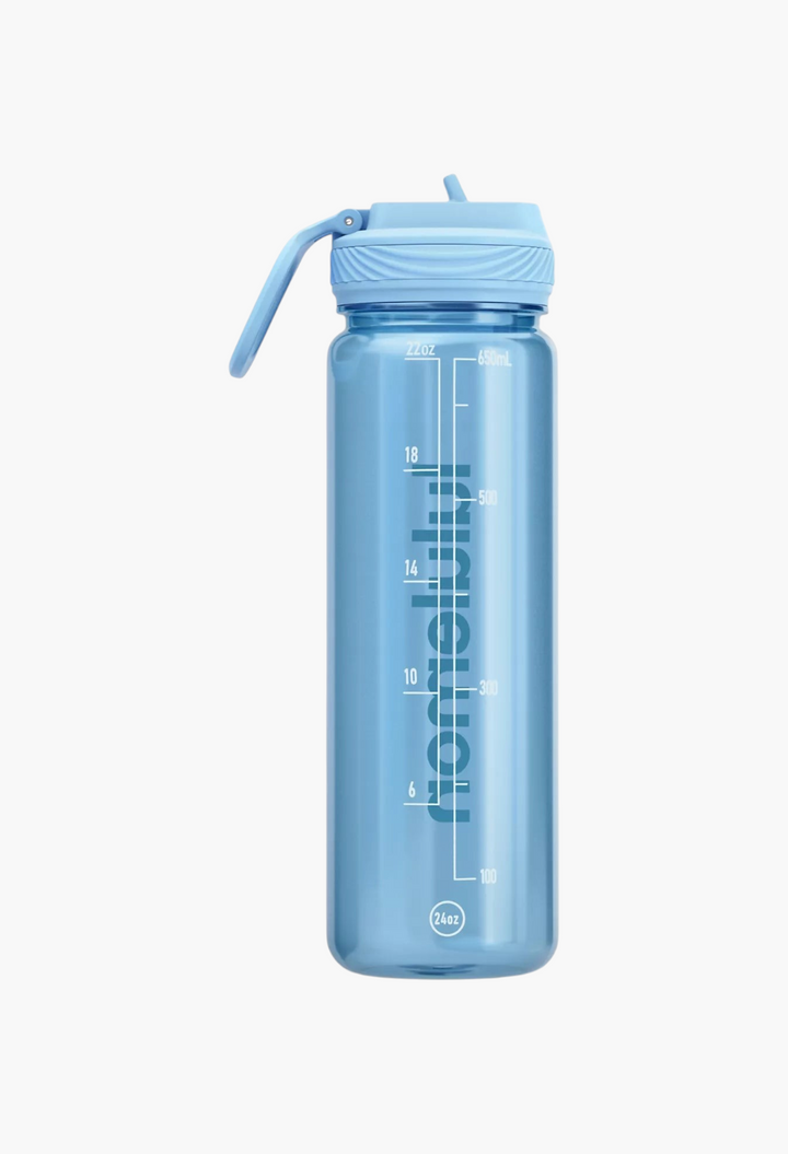 GLAM MODA 24oz clear blue Tritan water bottle with a leakproof straw lid and volume measurement markings.
