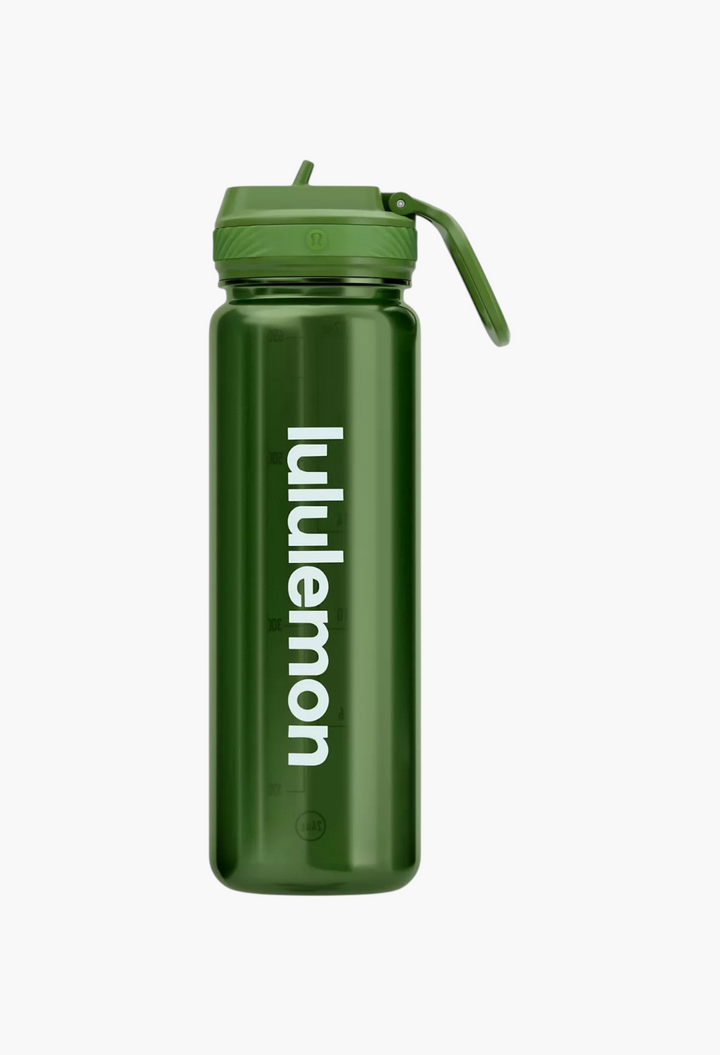 GLAM MODA Back to Life clear green water bottle with a leakproof straw lid and white branding on the side.