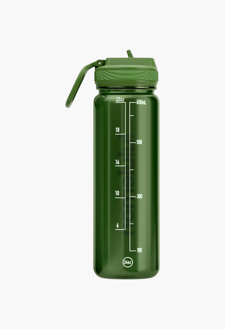 GLAM MODA 24oz green clear water bottle with a leakproof straw lid and white volume measurement markings.