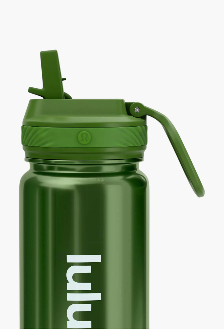 GLAM MODA Back to Life clear bottle in dark green with a leakproof straw lid and convenient carrying handle.