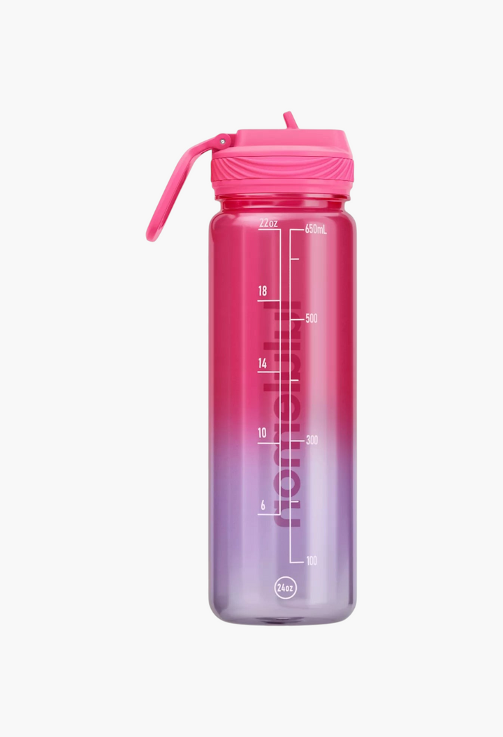 GLAM MODA 24oz clear water bottle with a pink-to-purple ombre finish, featuring a leakproof straw lid and markers.