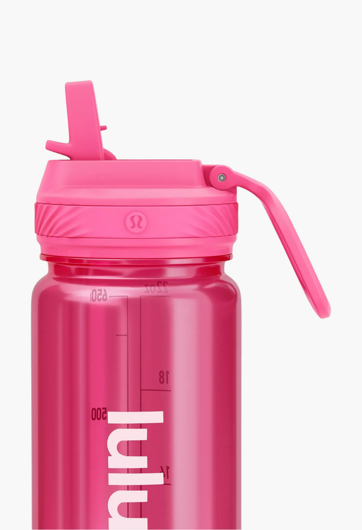 GLAM MODA Back to Life clear pink 24oz water bottle with a leakproof straw lid and convenient carry handle