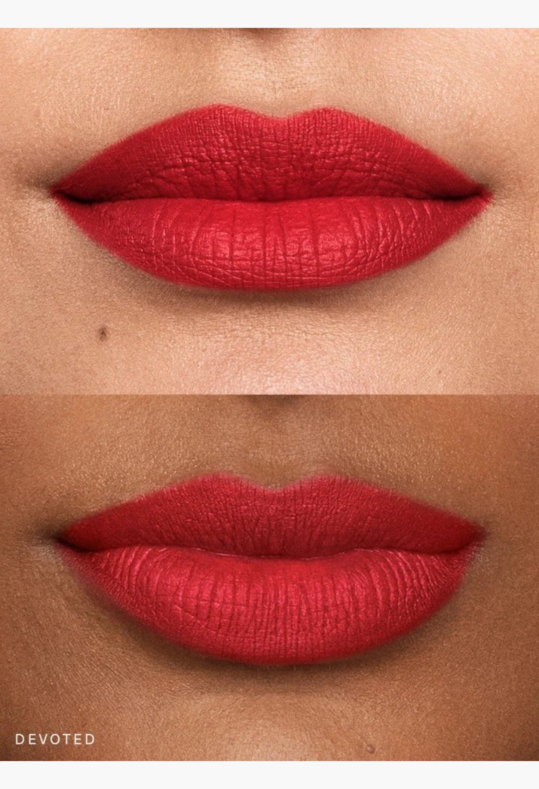 GLAM MODA Kind Words Matte Lip Liner in Devoted, a true red shade, applied on lips for a soft matte finish.