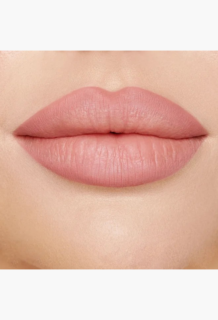 GLAM MODA Pillow Talk lip makeup showing a smooth matte nude pink finish on full lips for a defined pout