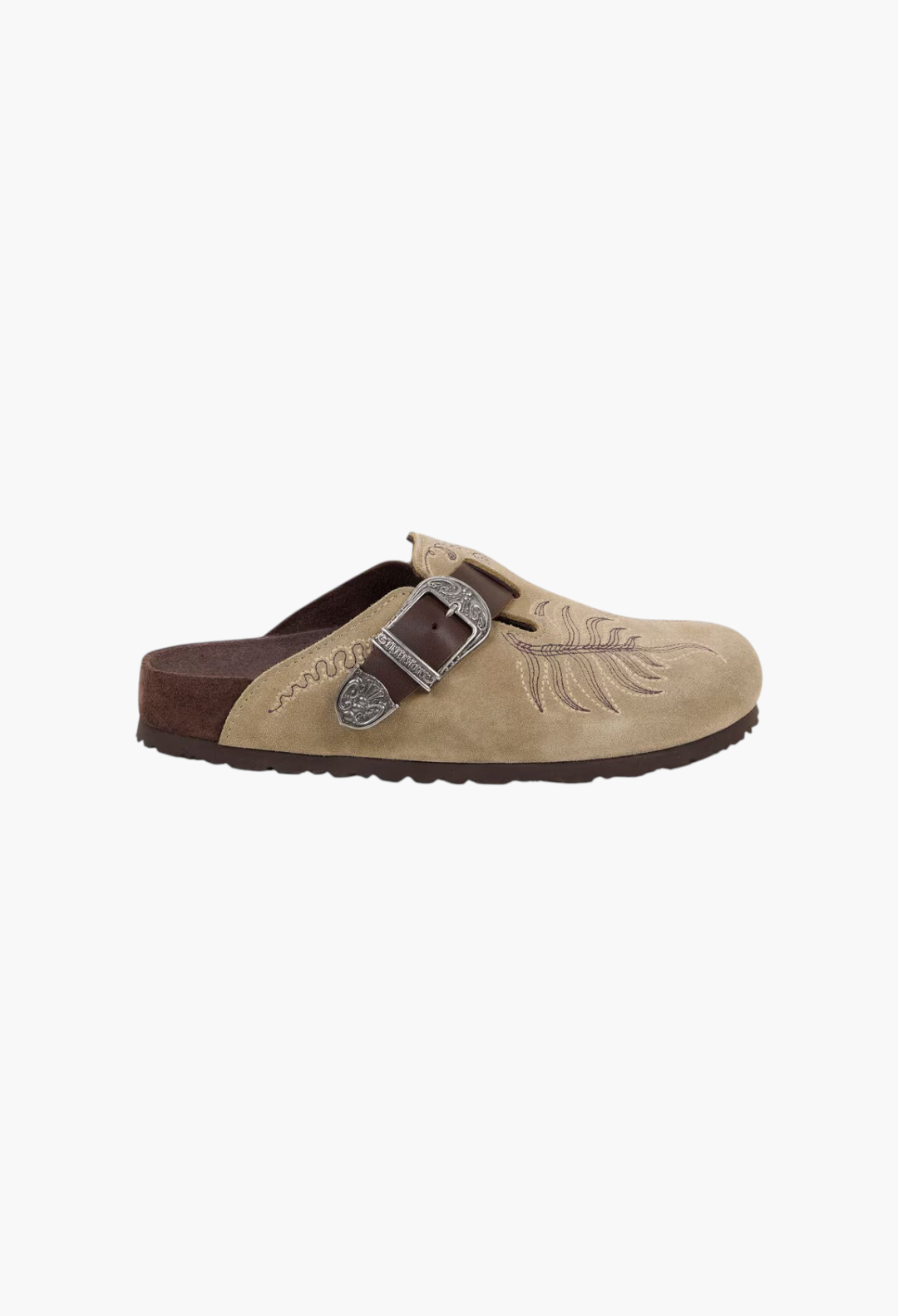 GLAM MODA Birkenstock Boston suede clogs in beige with intricate embroidery, Western-style buckle, and brown trim.