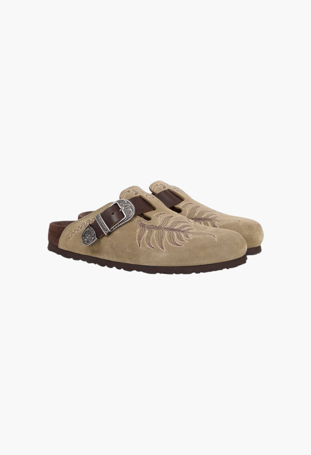 GLAM MODA Birkenstock Boston suede clogs in beige with brown floral embroidery and Western-style metal buckles