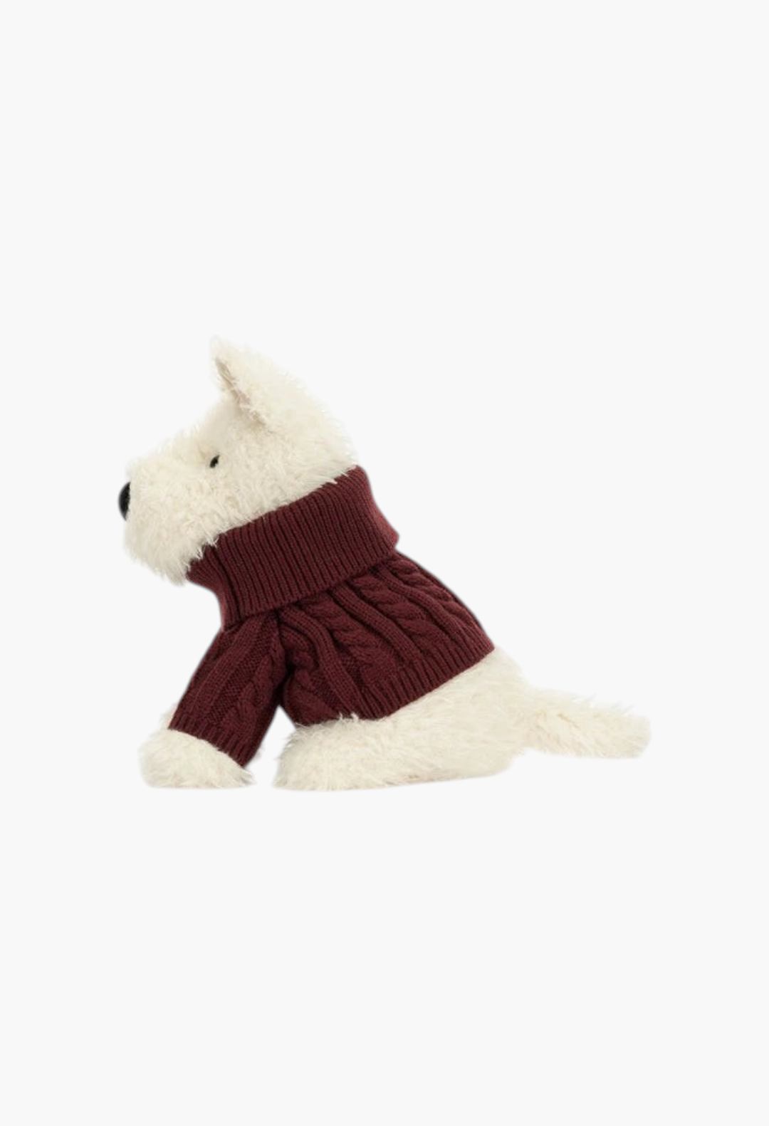 GLAM MODA Munro Scottie dog plush toy wearing a cozy cable-knit burgundy sweater, side view