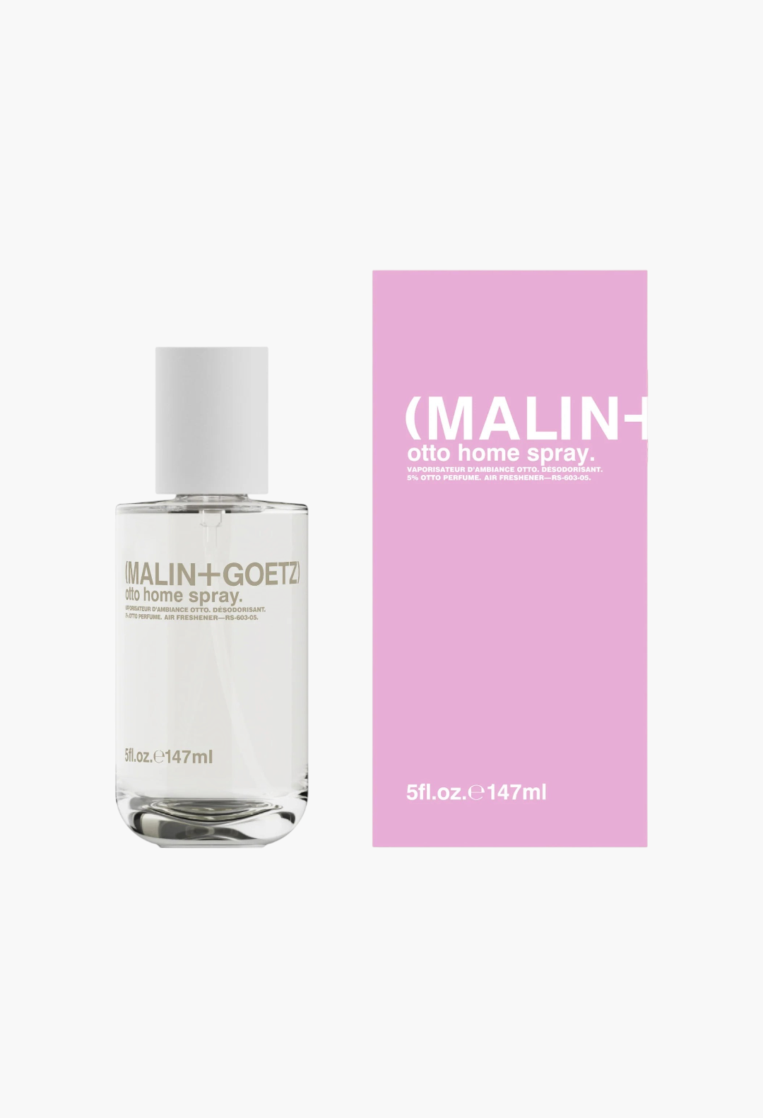 GLAM MODA Malin + Goetz Otto alcohol-free home spray bottle and its pink packaging box on a white background.