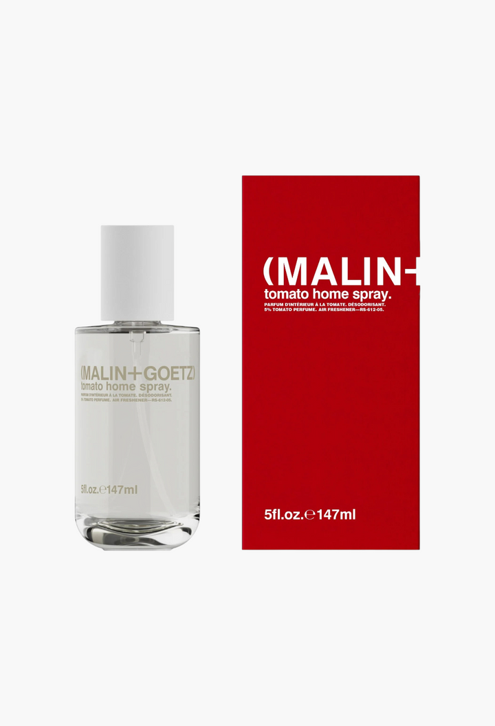 GLAM MODA Malin + Goetz tomato home spray bottle and red packaging box for odor neutralization