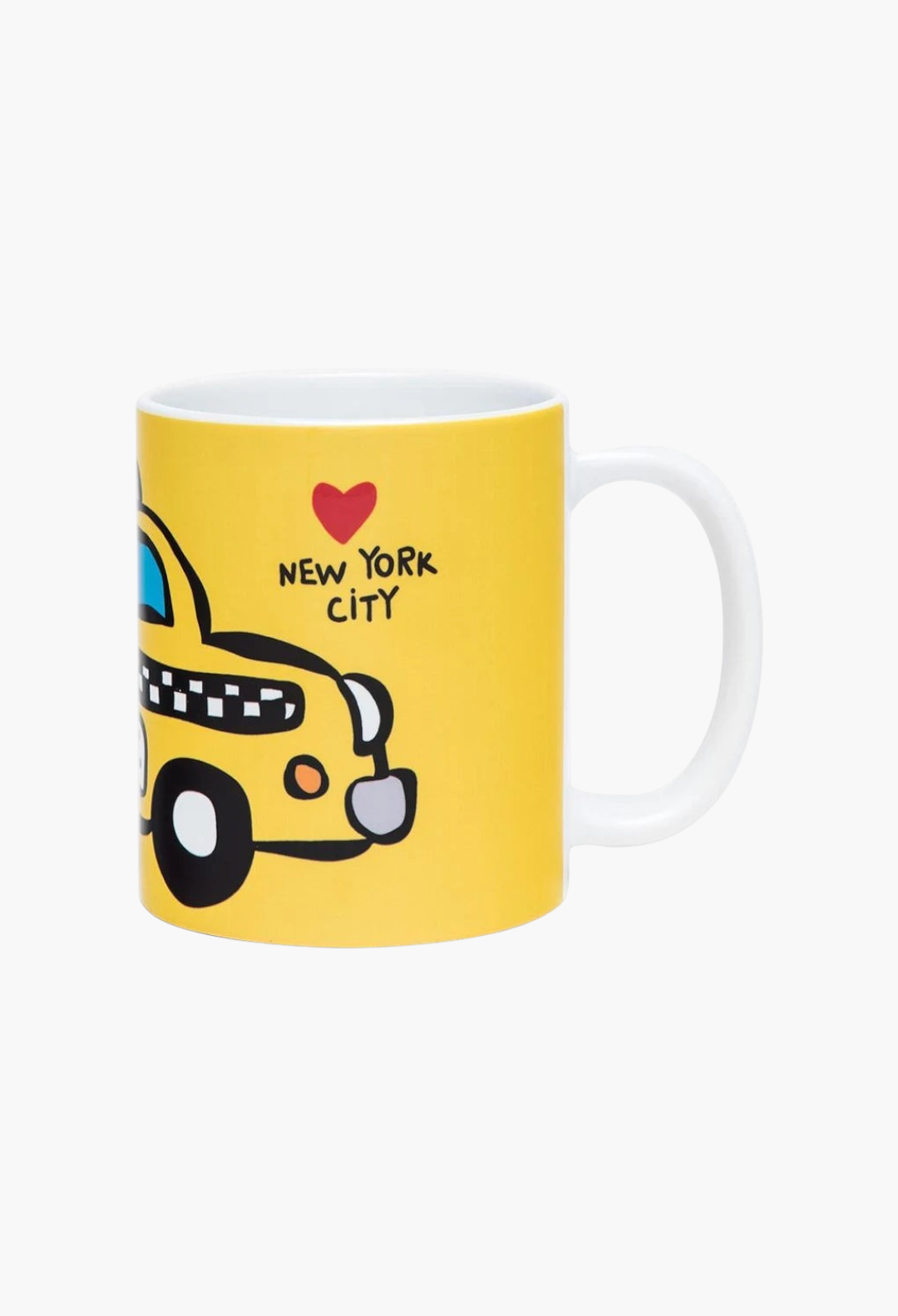 GLAM MODA ceramic mug featuring a yellow NYC taxi illustration by Marc Tetro with a red heart and text